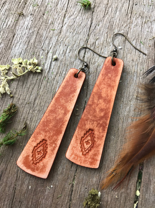 Hand Tooled Western Style Leather Bar Earrings