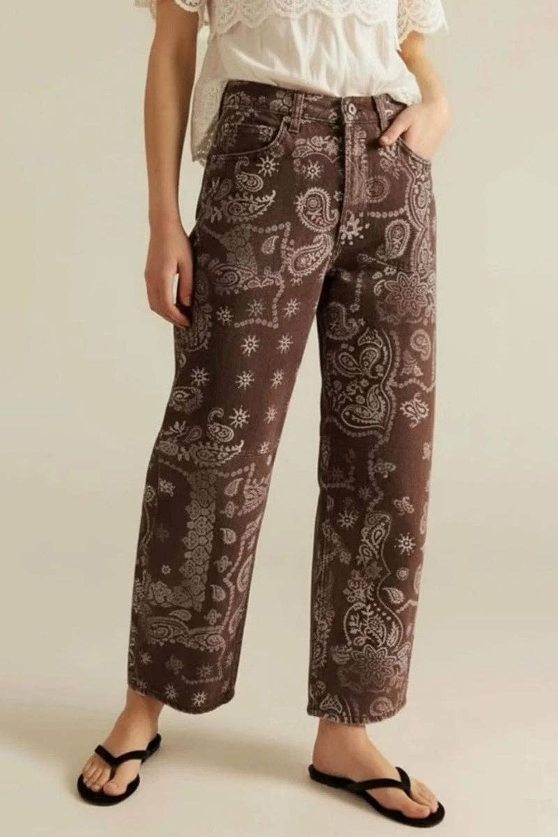 Paisley Print Barrel Jeans