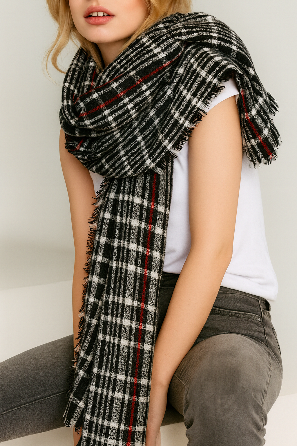 Black Plaid Oversized Wrap Scarf with Fringe