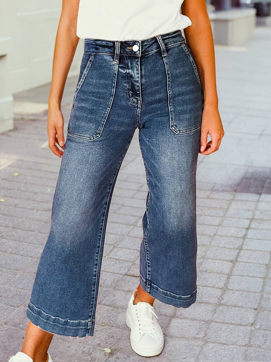 Cropped Loose Straight Medium Wash Jeans with Pockets