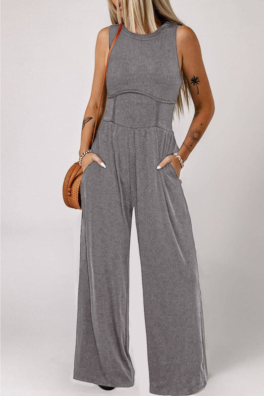 Grey Cinched Waist Sleeveless Wide Leg Jumpsuit