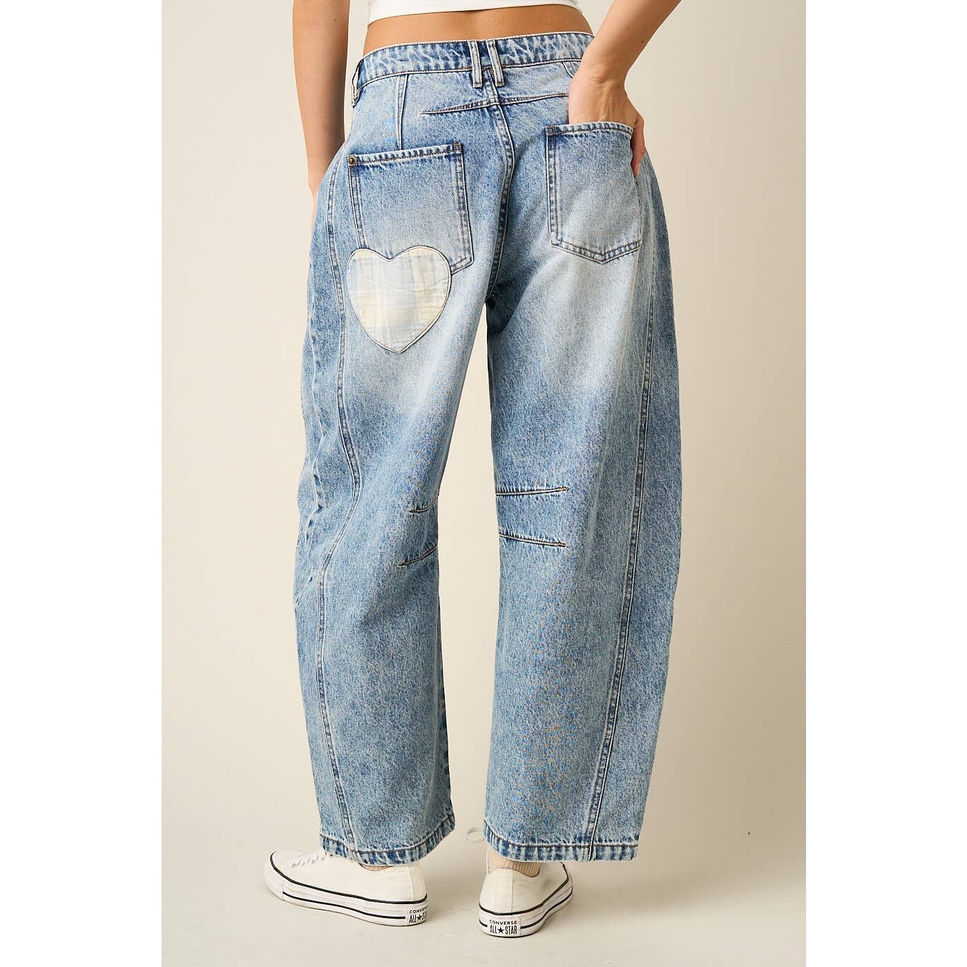 Plaid Heart Patch Barrell Jeans