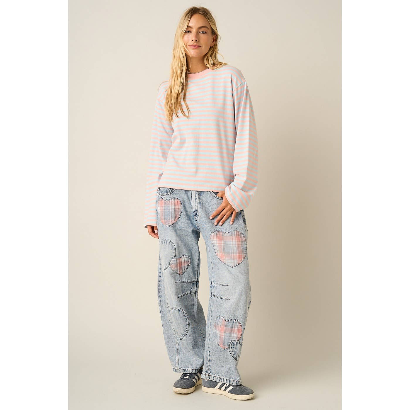 Plaid Heart Patch Barrell Jeans