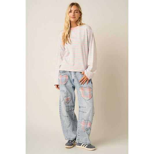 Plaid Heart Patch Barrell Jeans