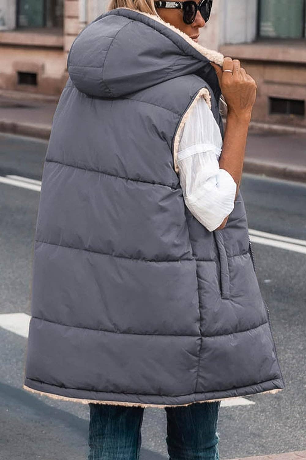 Reversable Zip up Hooded Puffer Vest w/ Sherpa Lining