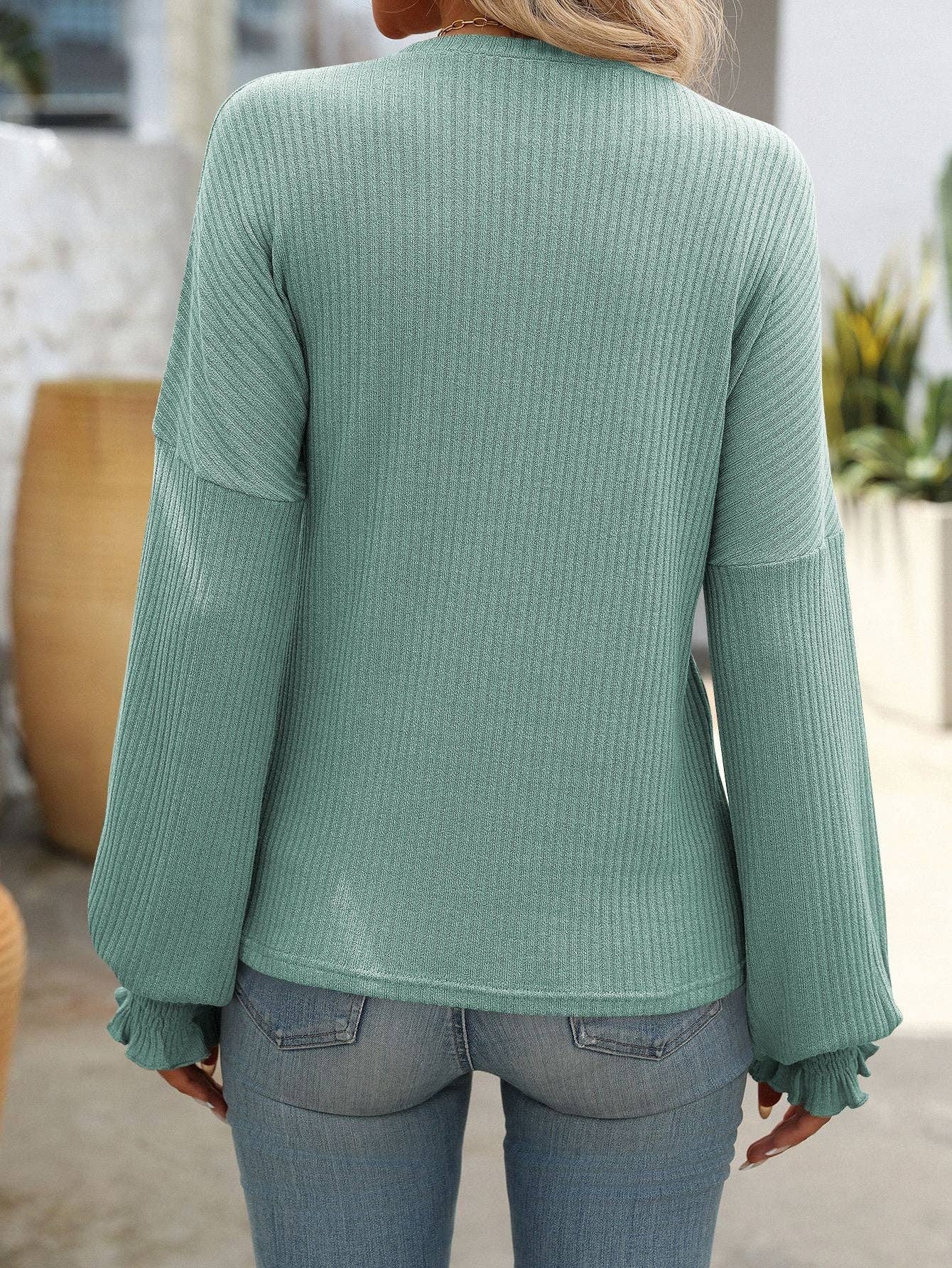Ribbed Crewneck Top with Smocked Cuffs