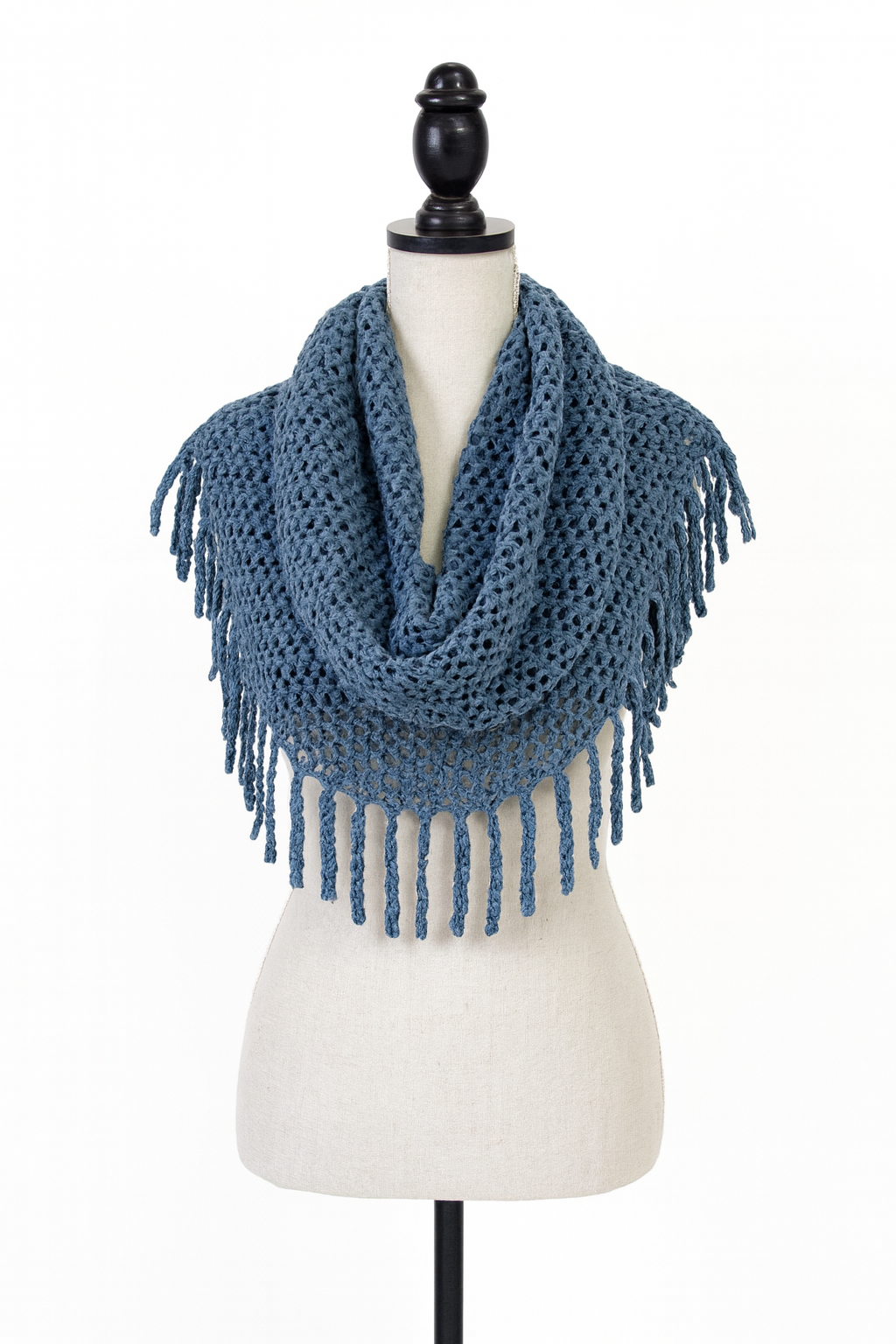 Navy Blue Tube-Style Scarf with Fringe