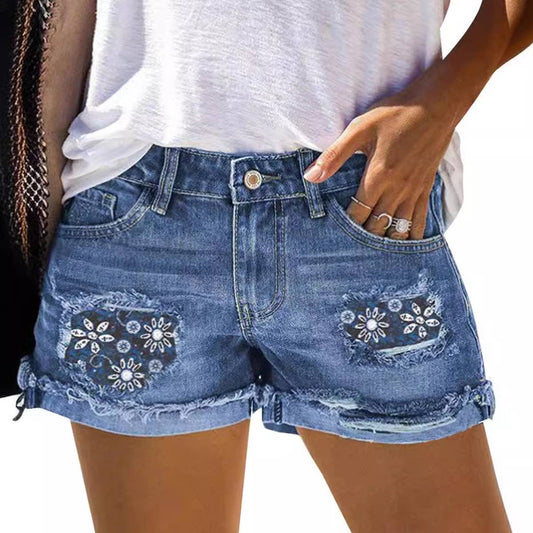 Denim Shorts w/ Floral Inlay