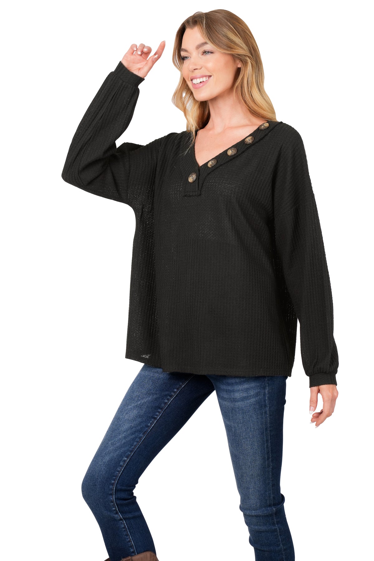 Brushed Waffle V-Neck w/ Button Detail