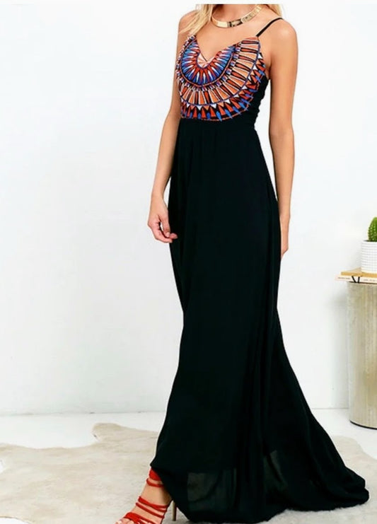Ascension Island Black Embroidered Maxi Dress