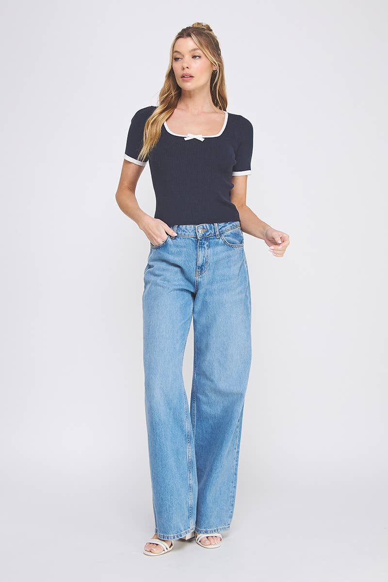 Ribbed Square Neck Bow Top