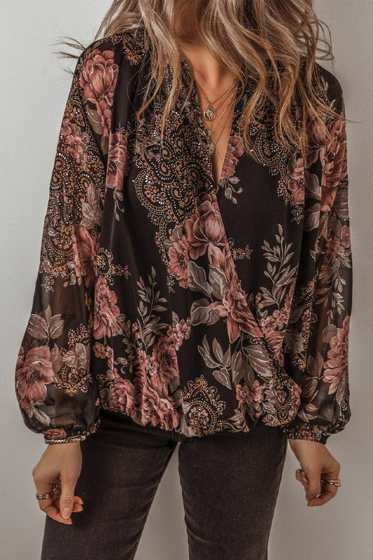 Floral V-Neck Balloon Sleeve Blouse