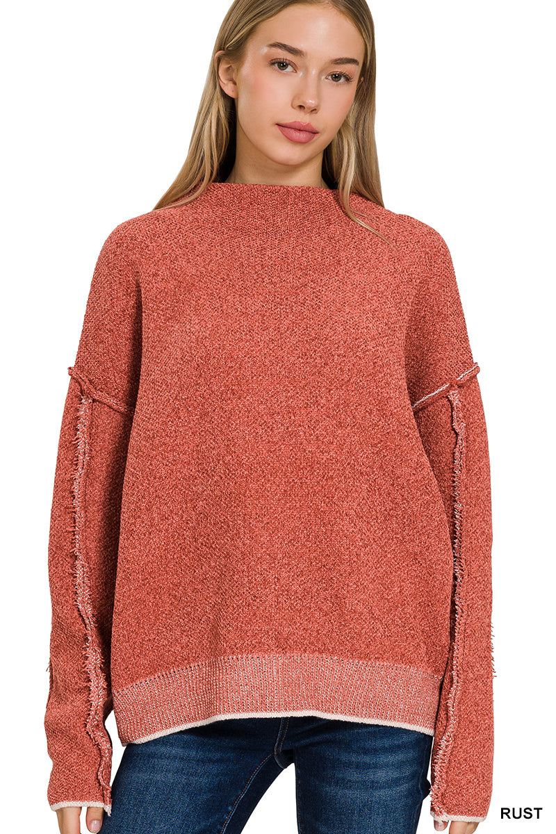 Oversized Mock Neck Chenille Sweater w/ Raw Seam