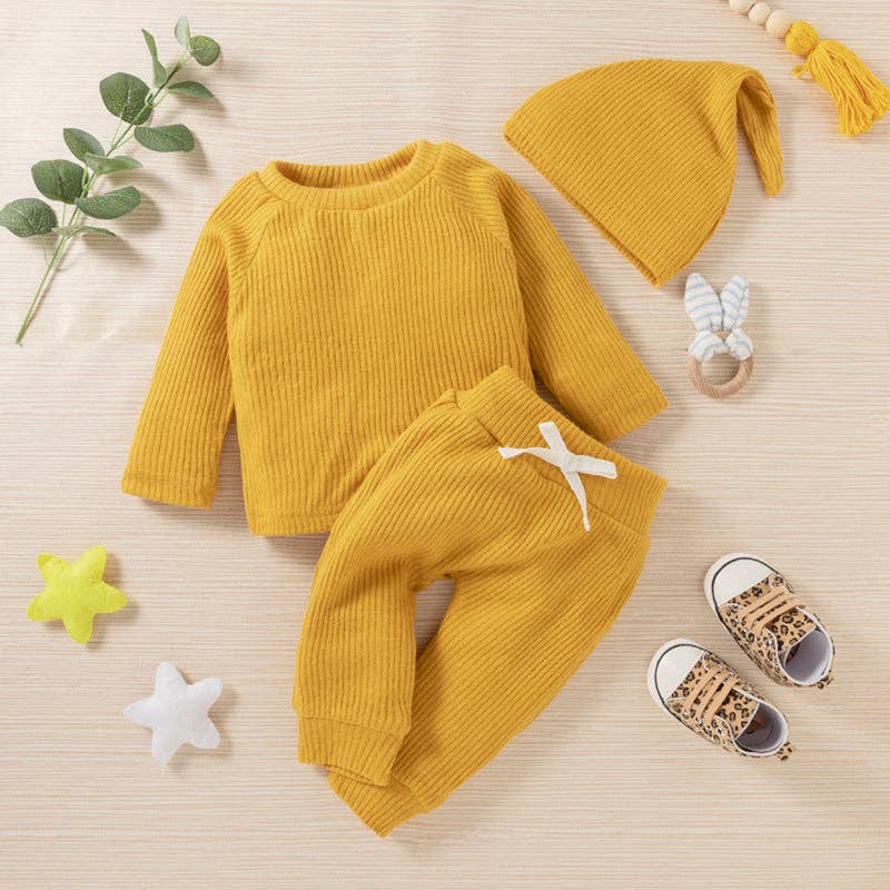 Infant 3pc Solid Ribbed Long-sleeve and Trouser Set