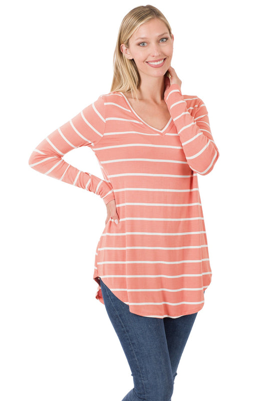 Striped V-Neck Long Sleeve w/ Dolphin Hem