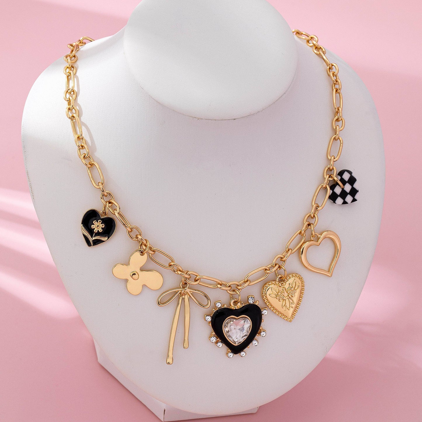 Playful Bow & Heart Charm Necklace