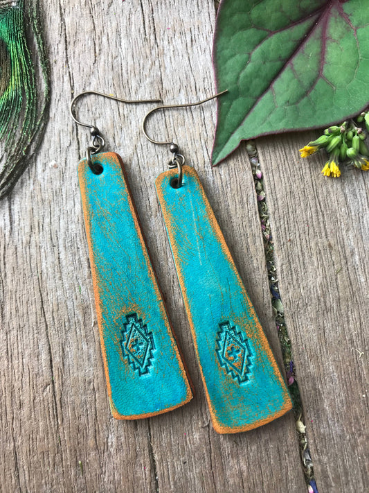 Hand Tooled Western Style Leather Bar Earrings