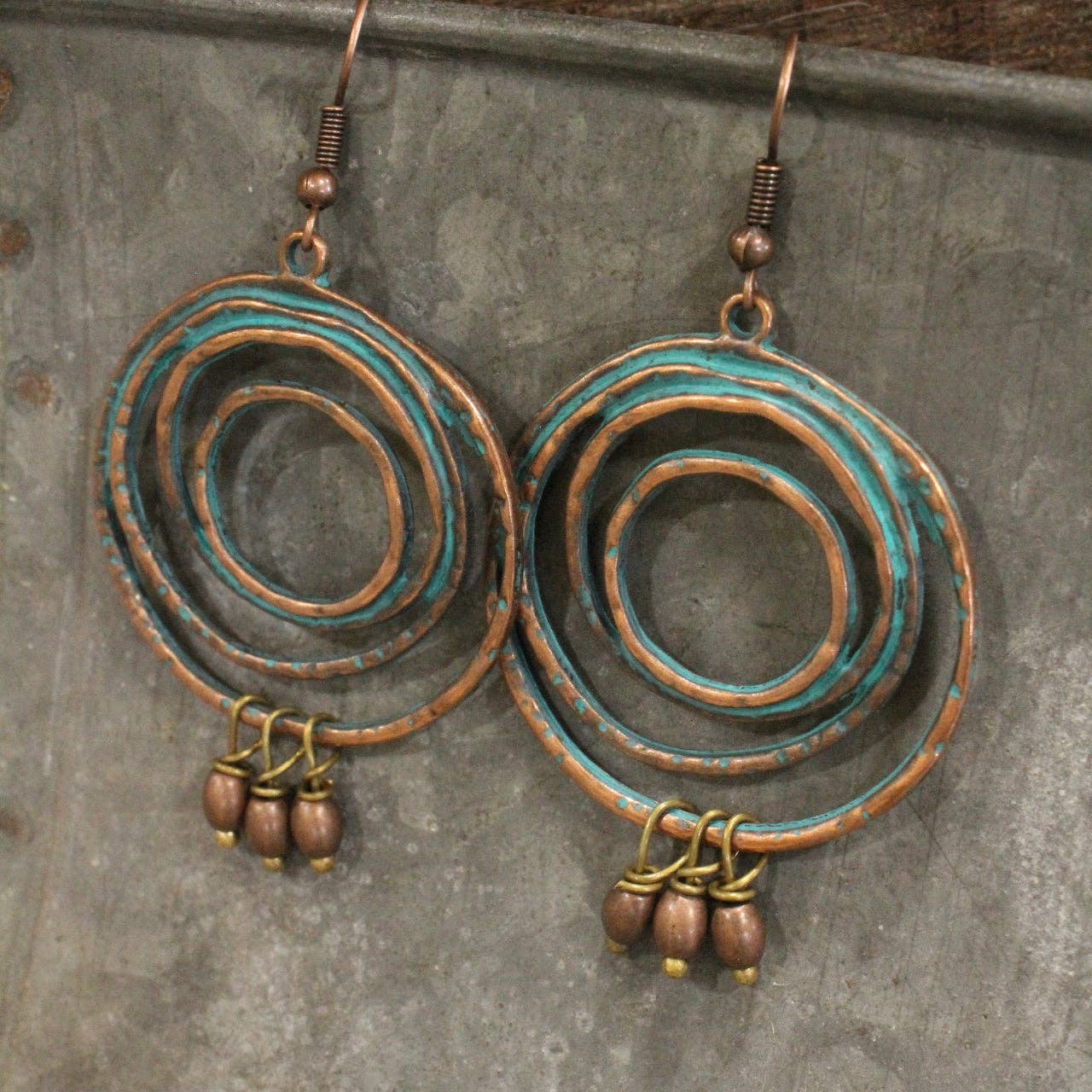 Abstract Hoop Copper Verdigris Dangle Drop Earrings