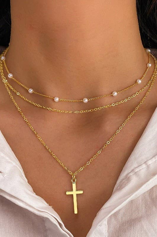 Gold Layered Pearl & Cross Necklace