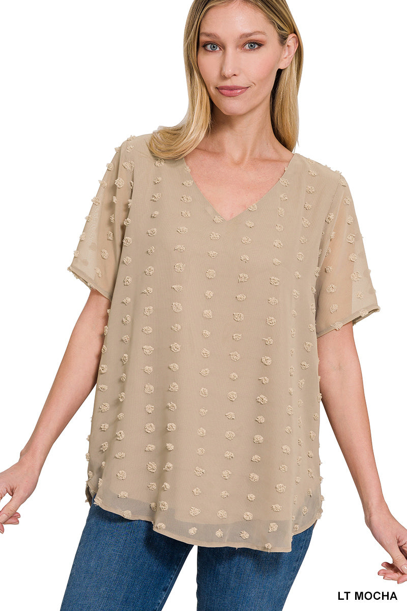 Swiss Dot Short Sleeve V-neck Round Hem Top