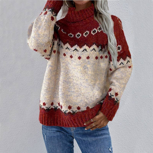 High Neck Jacquard Knit Thick Sweater