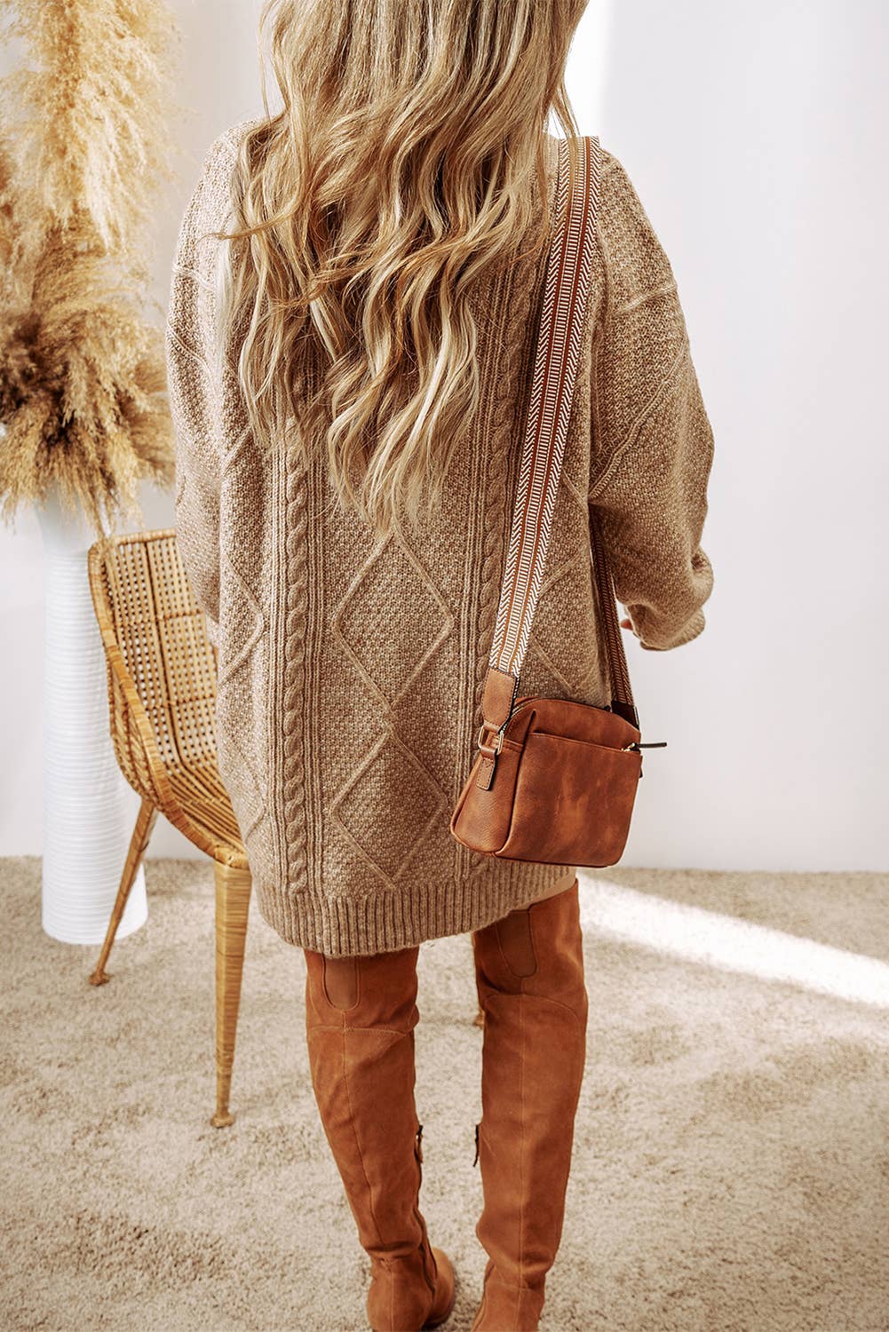 Cable Knit Loose Fit Sweater Dress Black / XL