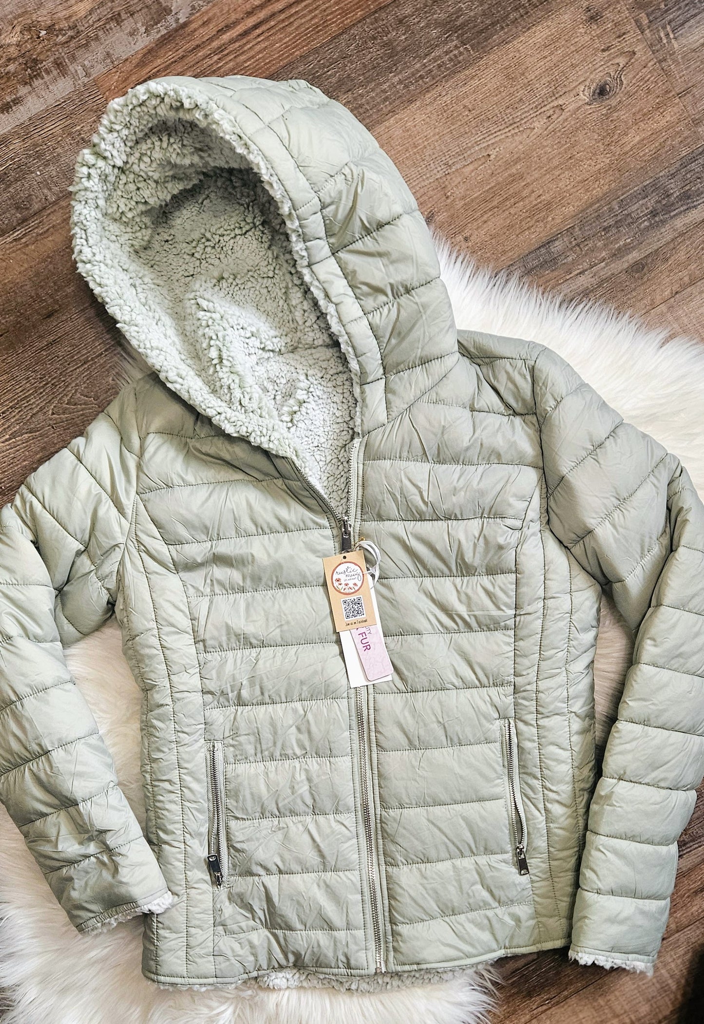 Reversible Hooded Puffer Coat Full Zip Sherpa Lined Pockets