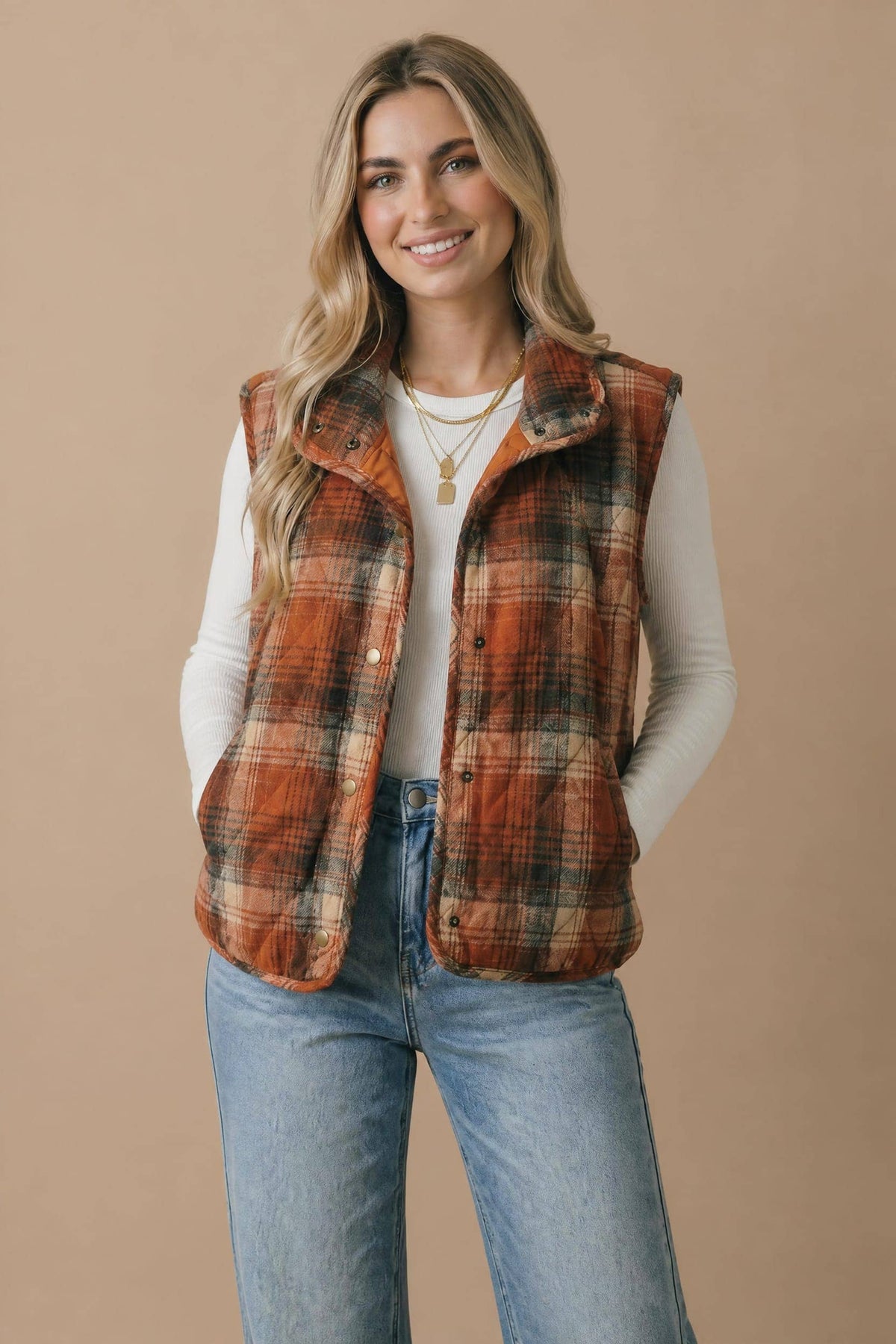 Plus Plaid Quilted Snap Button Puffer Vest