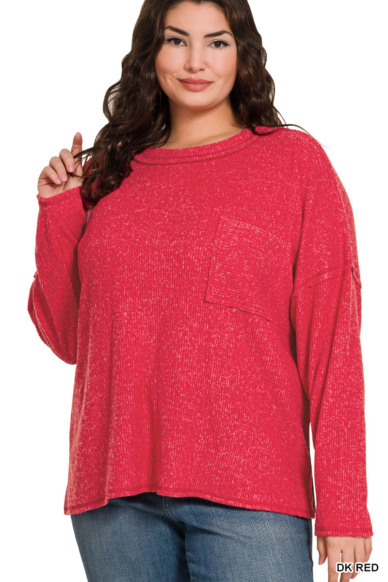 Plus Size Brushed Mélange Hacci Sweater w/ Pocket