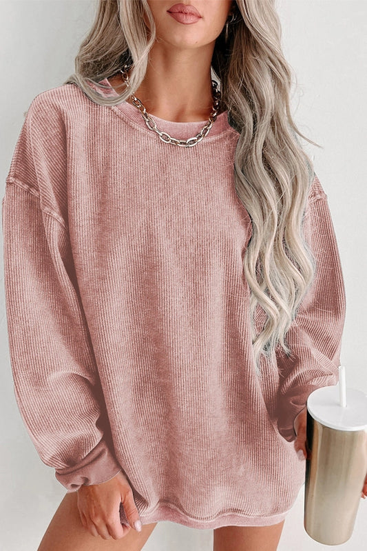 Solid Ribbed Round Neck Pullover Sweatshirt