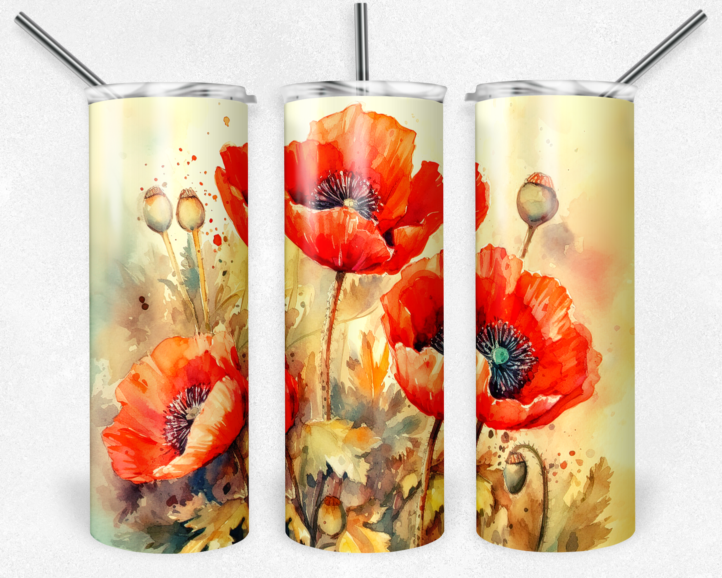 Watercolor Poppies 20 oz Skinny Tumbler w/ Straw