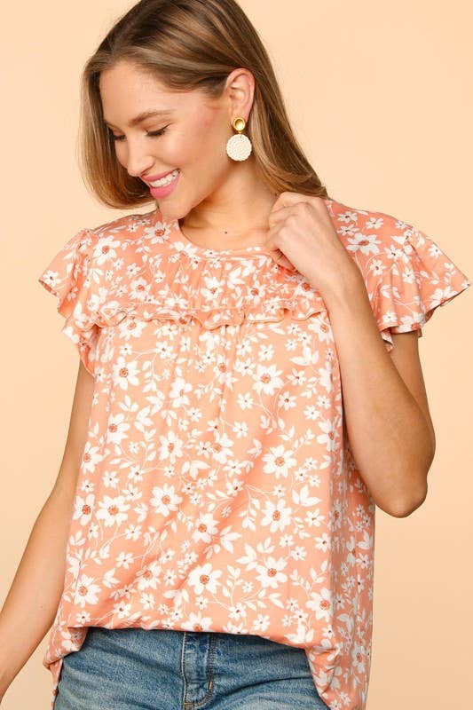 Floral Neck Frilled Short Sleeve Knit Top