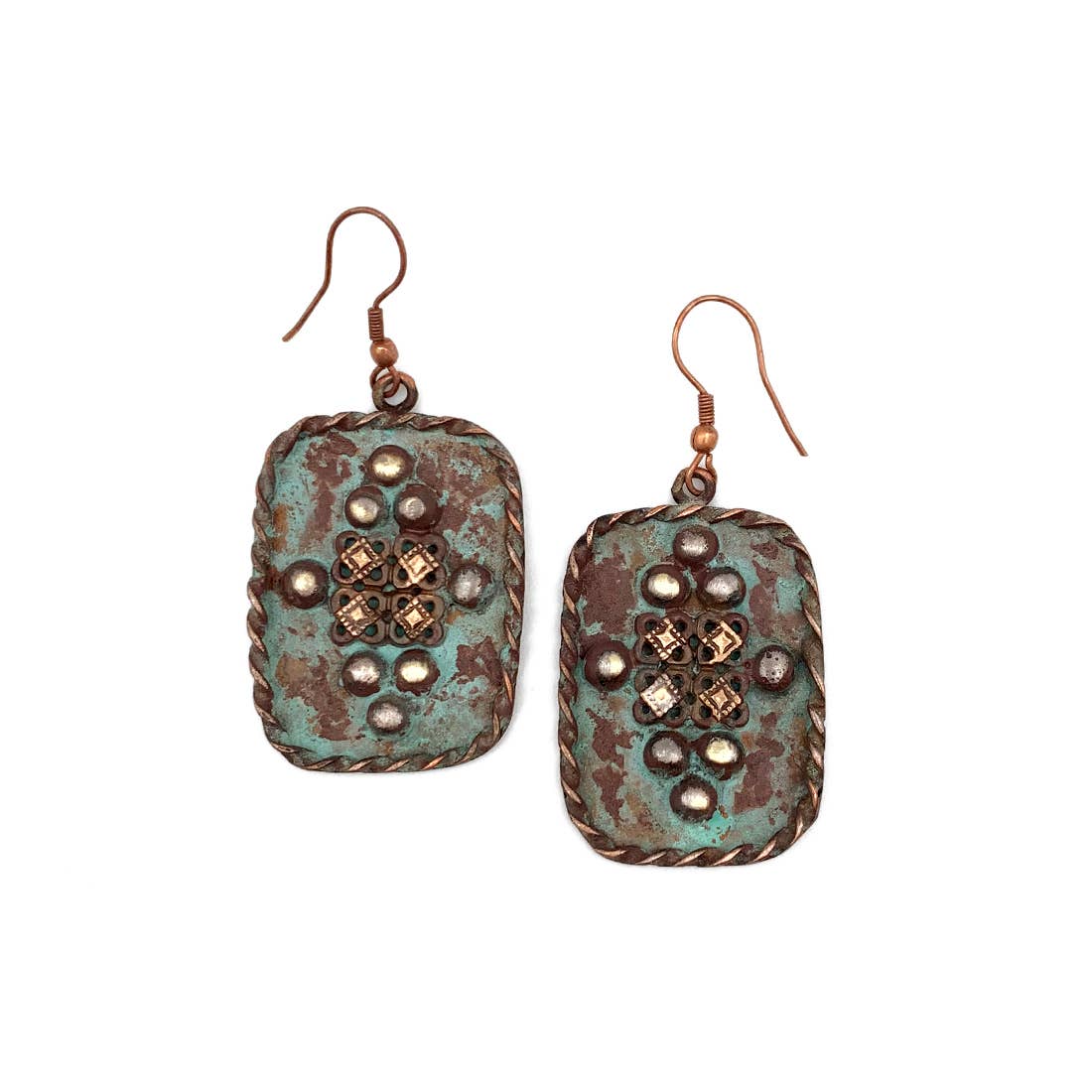 Copper Patina Rivets in Turquoise Rectangle Earrings