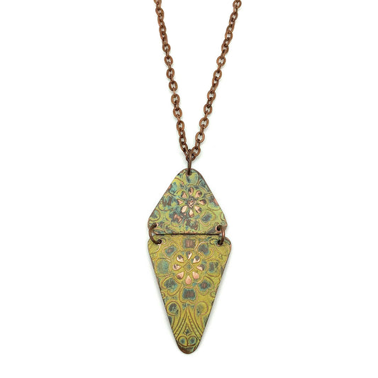 Copper Patina Necklace - Light Green Floral