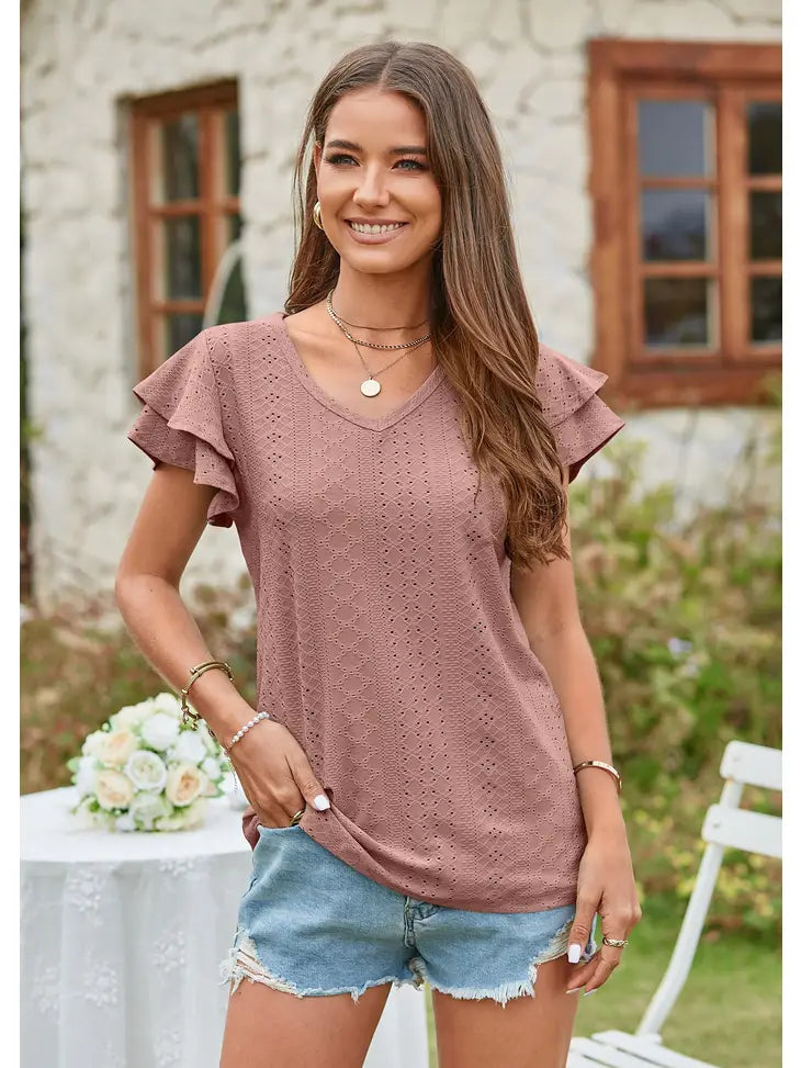 Pointelle V Neck Ruffle Short Sleeve Top