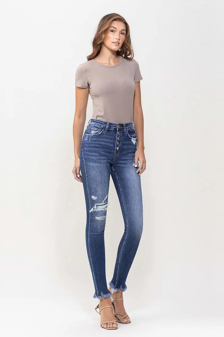 Haylie High Rise Button Up Distressed Skinny Jeans