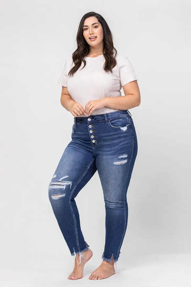 Haylie High Rise Button Up Distressed Skinny Jeans