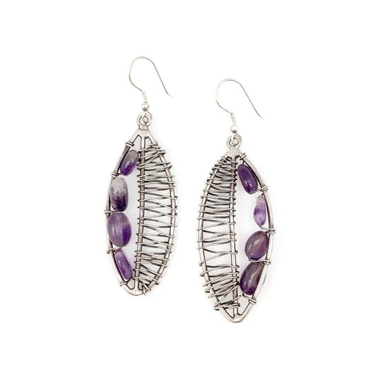 Wire-Wrapped Stone Earrings - Antique Silver, Amethyst