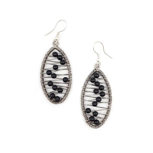 Wire-Wrapped Stone Earrings - Antique Silver, Black Onyx